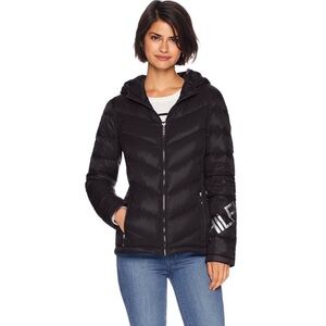 TOMMY HILFIGER Black Puffer Jacket Womens S Quilted Hooded Packable Winter.